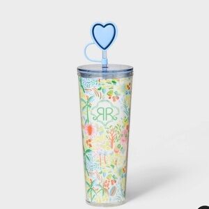 Roller Rabbit Multicolor Floral Tumbler with Blue Heart Straw